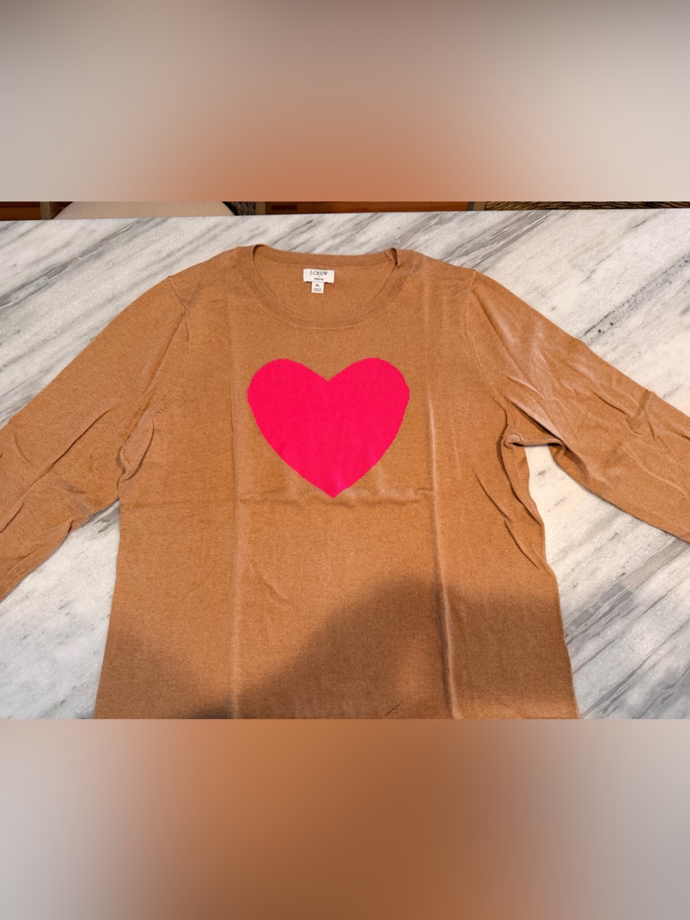 J. Crew Teddie Crewneck Sweater in Camel with Pink Heart